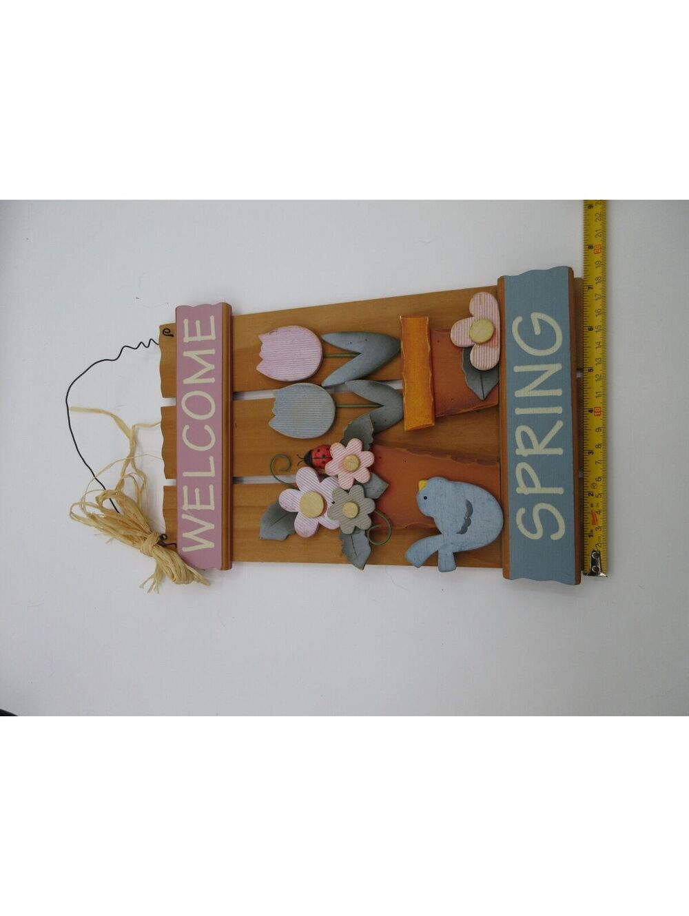 112. Spring Welcome Wood Wall Sign Bird Tulips Flowers Cottage Decor